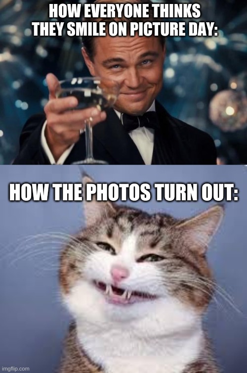 Every year this happens to me: | HOW EVERYONE THINKS THEY SMILE ON PICTURE DAY:; HOW THE PHOTOS TURN OUT: | image tagged in memes,leonardo dicaprio cheers | made w/ Imgflip meme maker
