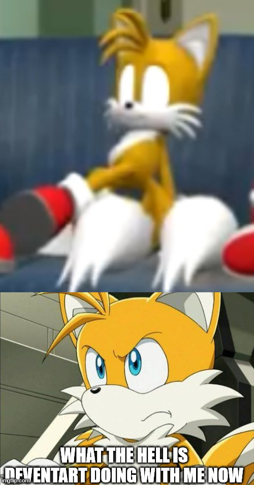 I'm not tailbrine or am I? |  WHAT THE HELL IS DEVENTART DOING WITH ME NOW | image tagged in tails yes | made w/ Imgflip meme maker