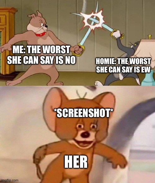 The worst she can say | ME: THE WORST SHE CAN SAY IS NO; HOMIE: THE WORST SHE CAN SAY IS EW; *SCREENSHOT*; HER | image tagged in tom and jerry swordfight | made w/ Imgflip meme maker