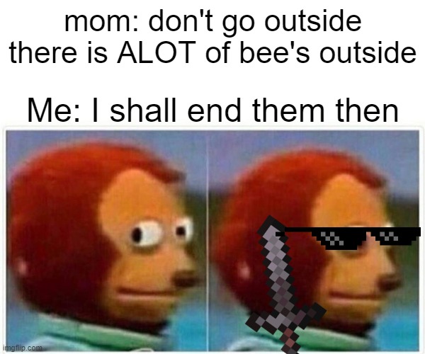Monkey Puppet | mom: don't go outside there is ALOT of bee's outside; Me: I shall end them then | image tagged in memes,monkey puppet | made w/ Imgflip meme maker