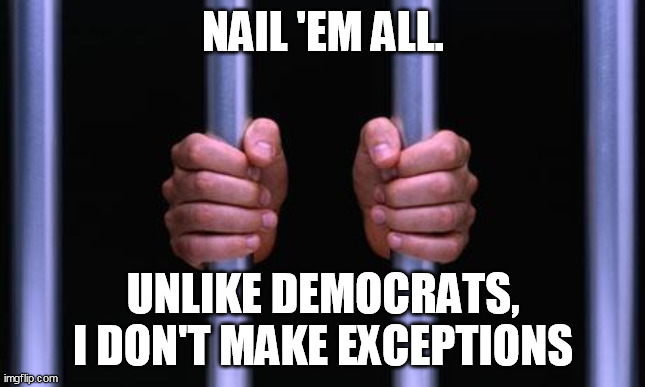 Prison Bars | NAIL 'EM ALL. UNLIKE DEMOCRATS, I DON'T MAKE EXCEPTIONS | image tagged in prison bars | made w/ Imgflip meme maker