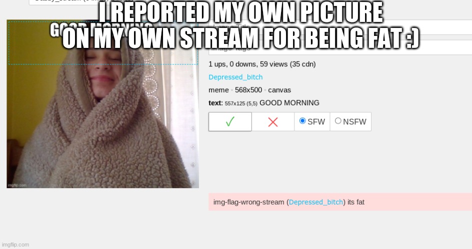 I REPORTED MY OWN PICTURE ON MY OWN STREAM FOR BEING FAT :) | image tagged in fat | made w/ Imgflip meme maker