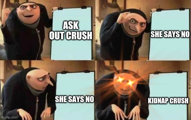 when ur crush says no | ASK OUT CRUSH; SHE SAYS NO; KIDNAP CRUSH; SHE SAYS NO | image tagged in grus plan evil | made w/ Imgflip meme maker