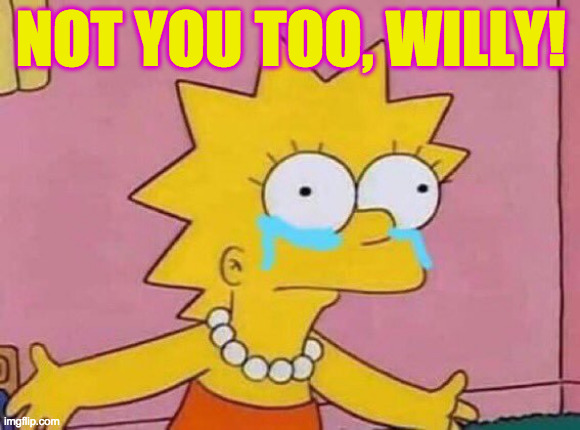 Lisa Simpson Crying | NOT YOU TOO, WILLY! | image tagged in lisa simpson crying | made w/ Imgflip meme maker