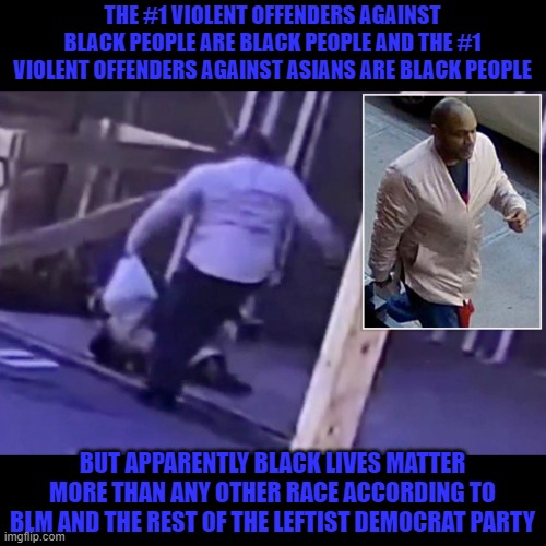 When your bullsh-t rhetoric emboldens people to think they're better than everyone else, you get hate crimes like this. | THE #1 VIOLENT OFFENDERS AGAINST BLACK PEOPLE ARE BLACK PEOPLE AND THE #1 VIOLENT OFFENDERS AGAINST ASIANS ARE BLACK PEOPLE; BUT APPARENTLY BLACK LIVES MATTER MORE THAN ANY OTHER RACE ACCORDING TO BLM AND THE REST OF THE LEFTIST DEMOCRAT PARTY | image tagged in blm,all lives matter,hate crimes | made w/ Imgflip meme maker
