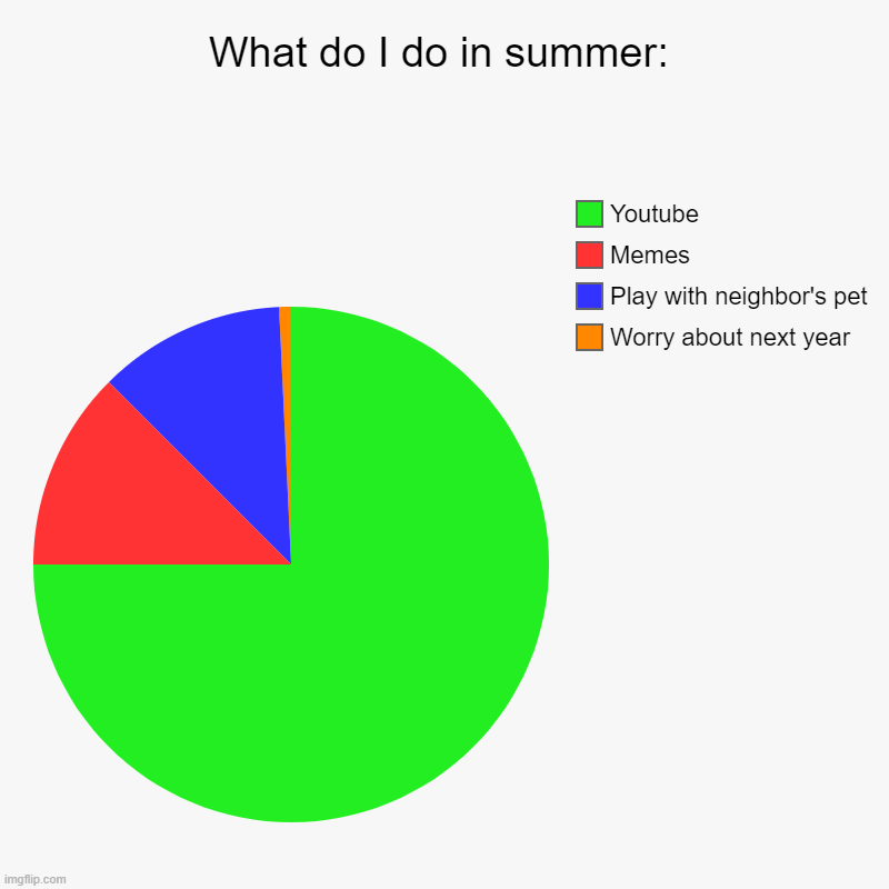 What do I do in summer: | Worry about next year, Play with neighbor's pet, Memes, Youtube | image tagged in charts,pie charts | made w/ Imgflip chart maker