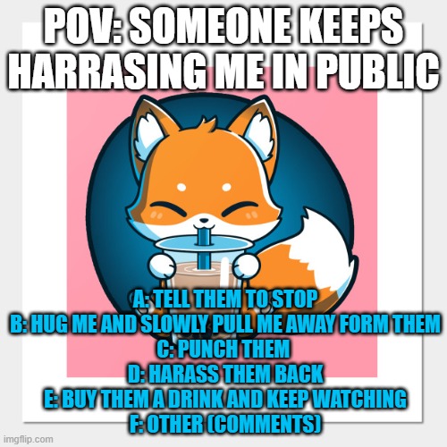 POV: SOMEONE KEEPS HARRASING ME IN PUBLIC; A: TELL THEM TO STOP
B: HUG ME AND SLOWLY PULL ME AWAY FORM THEM
C: PUNCH THEM 
D: HARASS THEM BACK
E: BUY THEM A DRINK AND KEEP WATCHING
F: OTHER (COMMENTS) | made w/ Imgflip meme maker