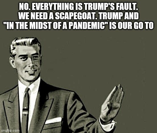 Nope | NO. EVERYTHING IS TRUMP'S FAULT. WE NEED A SCAPEGOAT. TRUMP AND "IN THE MIDST OF A PANDEMIC" IS OUR GO TO | image tagged in nope | made w/ Imgflip meme maker