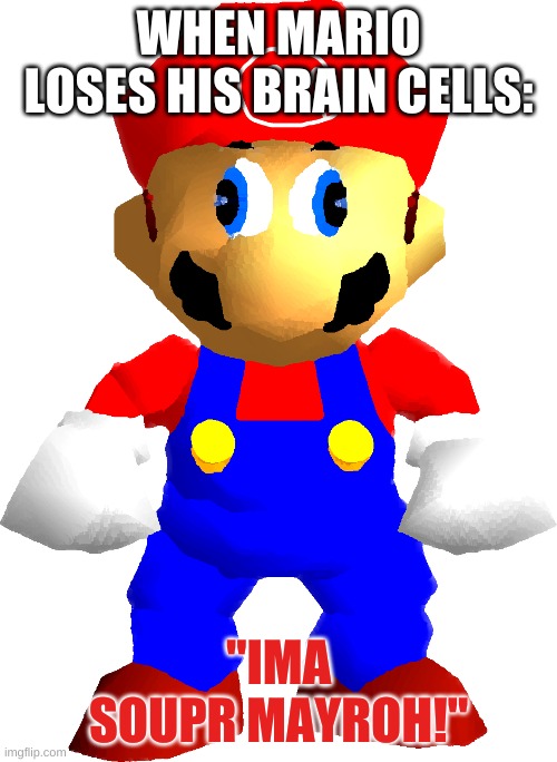 1st M3M3 | WHEN MARIO LOSES HIS BRAIN CELLS:; "IMA SOUPR MAYROH!" | image tagged in mario,mario 64,funny memes | made w/ Imgflip meme maker