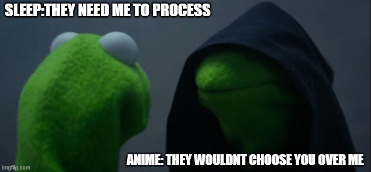 The truth of anime | SLEEP:THEY NEED ME TO PROCESS; ANIME: THEY WOULDNT CHOOSE YOU OVER ME | image tagged in memes,evil kermit | made w/ Imgflip meme maker