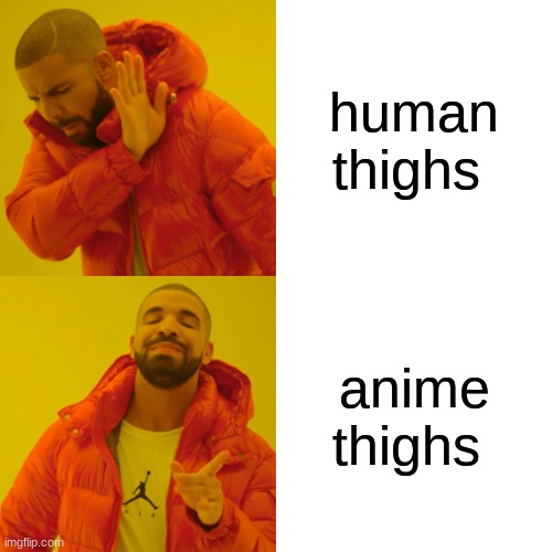 Drake Hotline Bling | human thighs; anime thighs | image tagged in memes,drake hotline bling | made w/ Imgflip meme maker