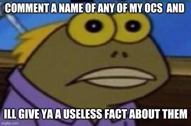 AAAAAAAAAA | COMMENT A NAME OF ANY OF MY OCS  AND; ILL GIVE YA A USELESS FACT ABOUT THEM | made w/ Imgflip meme maker