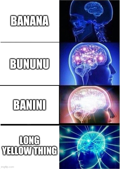 i just thought of this randomly | BANANA; BUNUNU; BANINI; LONG YELLOW THING | image tagged in memes,expanding brain | made w/ Imgflip meme maker