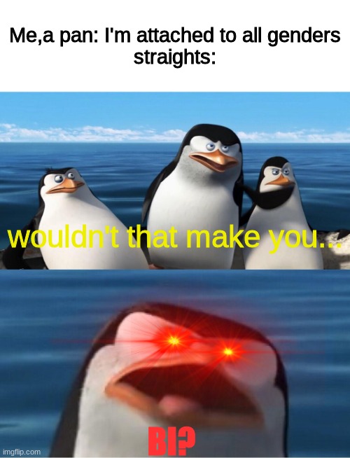 Wouldn't that make you | Me,a pan: I'm attached to all genders
straights:; wouldn't that make you... BI? | image tagged in wouldn't that make you | made w/ Imgflip meme maker