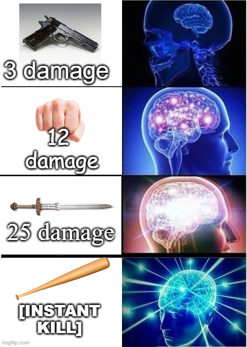 Why don't video games make any sense? | 3 damage; 12
 damage; 25 damage; [INSTANT KILL] | image tagged in memes,expanding brain | made w/ Imgflip meme maker