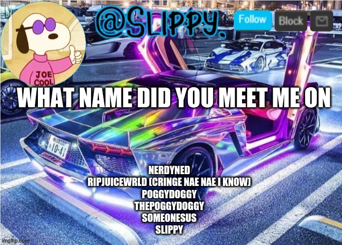 Slippy template 2 | WHAT NAME DID YOU MEET ME ON; NERDYNED
RIPJUICEWRLD (CRINGE NAE NAE I KNOW)
POGGYDOGGY
THEPOGGYDOGGY
SOMEONESUS
SLIPPY | image tagged in slippy template 2 | made w/ Imgflip meme maker