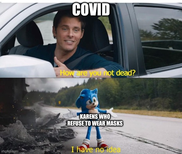 sonic how are you not dead | COVID KARENS WHO REFUSE TO WEAR MASKS | image tagged in sonic how are you not dead | made w/ Imgflip meme maker