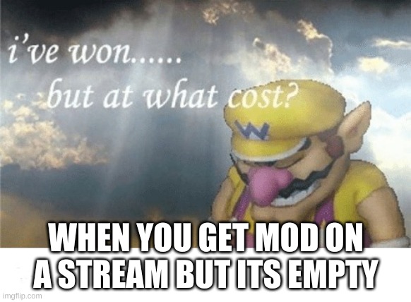 Wario sad | WHEN YOU GET MOD ON A STREAM BUT ITS EMPTY | image tagged in wario sad | made w/ Imgflip meme maker