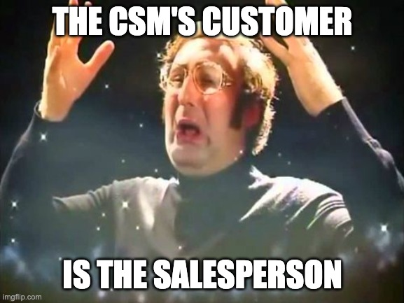 The CSM's Customer is the Salesperson | THE CSM'S CUSTOMER; IS THE SALESPERSON | image tagged in mind blown,customer success,business,sales,customer,customer success management | made w/ Imgflip meme maker