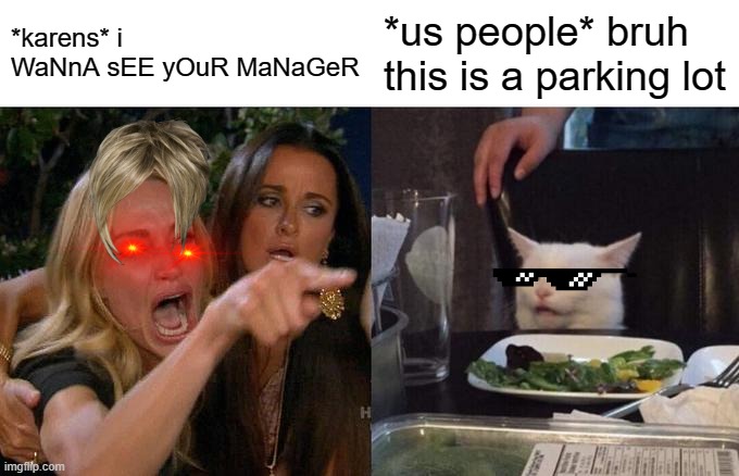 Woman Yelling At Cat | *karens* i WaNnA sEE yOuR MaNaGeR; *us people* bruh this is a parking lot | image tagged in memes,woman yelling at cat | made w/ Imgflip meme maker