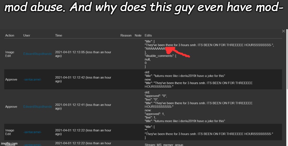 i have relations with an owner ;) (AND HE DID IT AGAIN SMHHHHHH -cam) | mod abuse. And why does this guy even have mod- | made w/ Imgflip meme maker