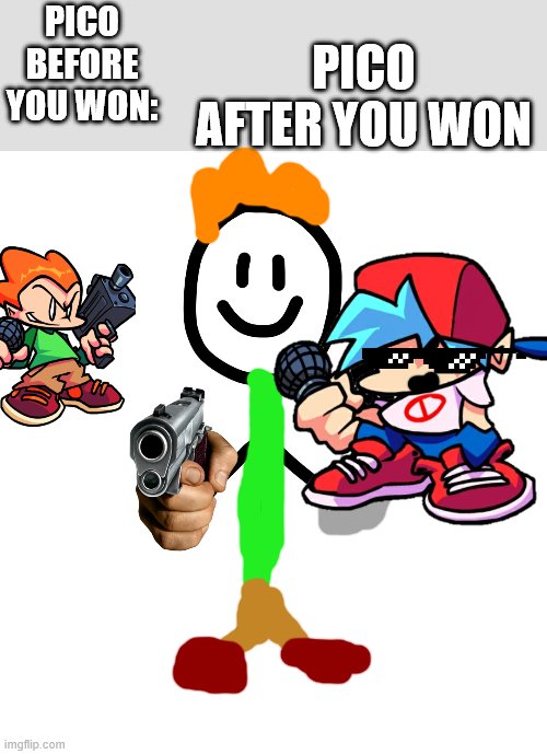 pico befor and after you won | PICO AFTER YOU WON; PICO BEFORE YOU WON: | image tagged in stick figure | made w/ Imgflip meme maker