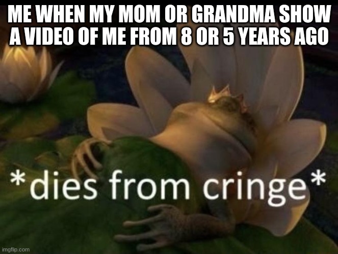 Dies from cringe | ME WHEN MY MOM OR GRANDMA SHOW A VIDEO OF ME FROM 8 OR 5 YEARS AGO | image tagged in dies from cringe | made w/ Imgflip meme maker