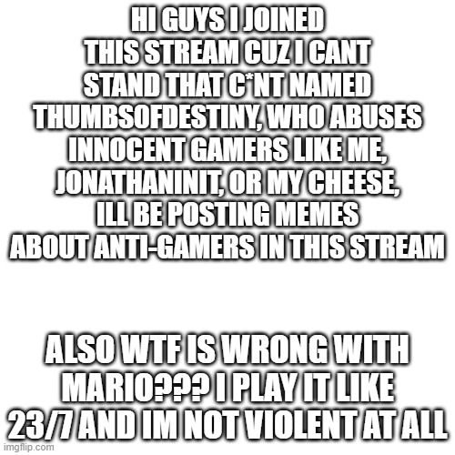 Blank Transparent Square Meme | HI GUYS I JOINED THIS STREAM CUZ I CANT STAND THAT C*NT NAMED THUMBS0FDESTINY, WHO ABUSES INNOCENT GAMERS LIKE ME, JONATHANINIT, OR MY CHEESE, ILL BE POSTING MEMES ABOUT ANTI-GAMERS IN THIS STREAM; ALSO WTF IS WRONG WITH MARIO??? I PLAY IT LIKE 23/7 AND IM NOT VIOLENT AT ALL | image tagged in memes,blank transparent square | made w/ Imgflip meme maker