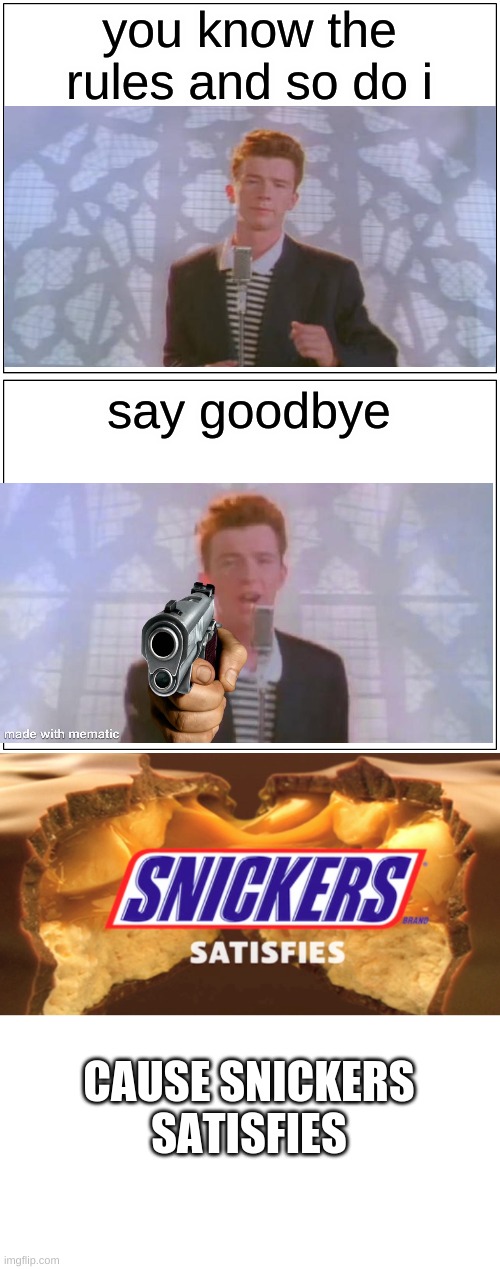 you know the rules and so do i; say goodbye; CAUSE SNICKERS SATISFIES | image tagged in memes,blank comic panel 1x2 | made w/ Imgflip meme maker