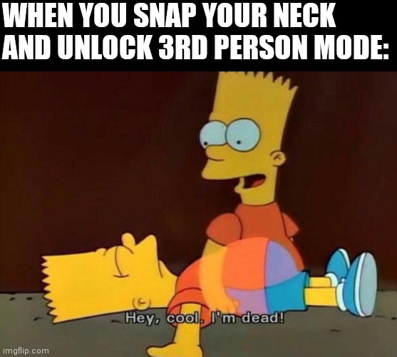 Hey, cool. I'm dead! | WHEN YOU SNAP YOUR NECK AND UNLOCK 3RD PERSON MODE: | image tagged in hey cool i'm dead | made w/ Imgflip meme maker