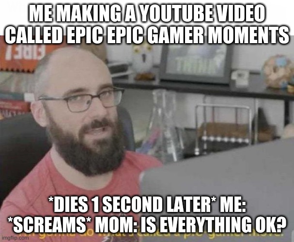 Epic Epic gamer moments | ME MAKING A YOUTUBE VIDEO CALLED EPIC EPIC GAMER MOMENTS; *DIES 1 SECOND LATER* ME: *SCREAMS* MOM: IS EVERYTHING OK? | image tagged in pro gamer move | made w/ Imgflip meme maker