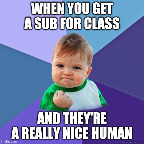 S u b | WHEN YOU GET A SUB FOR CLASS; AND THEY'RE A REALLY NICE HUMAN | image tagged in yes | made w/ Imgflip meme maker