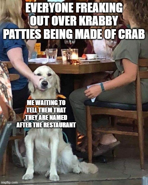 Lady holding dog mouth | EVERYONE FREAKING OUT OVER KRABBY PATTIES BEING MADE OF CRAB; ME WAITING TO TELL THEM THAT THEY ARE NAMED AFTER THE RESTAURANT | image tagged in lady holding dog mouth | made w/ Imgflip meme maker