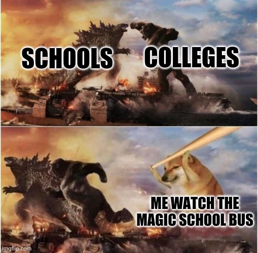 Kong Godzilla Doge | COLLEGES; SCHOOLS; ME WATCH THE MAGIC SCHOOL BUS | image tagged in kong godzilla doge | made w/ Imgflip meme maker