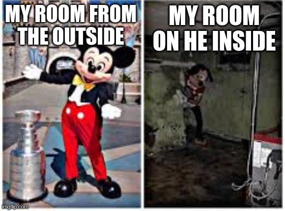 mickey mouse in disneyland | MY ROOM ON HE INSIDE; MY ROOM FROM THE OUTSIDE | image tagged in mickey mouse in disneyland | made w/ Imgflip meme maker