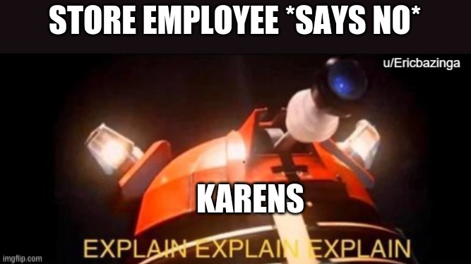 Karens cannot take no as an answer | STORE EMPLOYEE *SAYS NO*; KARENS | image tagged in memes,dalek,karen,explain | made w/ Imgflip meme maker