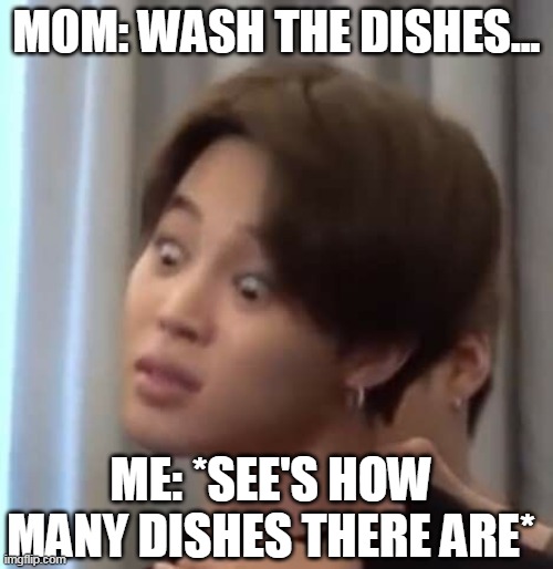 Jimin meme | MOM: WASH THE DISHES... ME: *SEE'S HOW MANY DISHES THERE ARE* | image tagged in funny | made w/ Imgflip meme maker