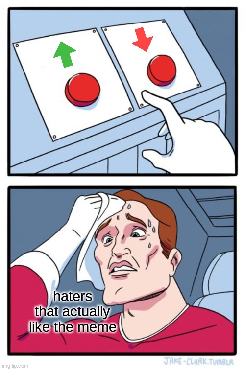 true | haters that actually like the meme | image tagged in memes,two buttons | made w/ Imgflip meme maker