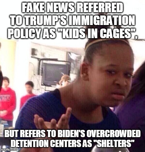 Black Girl Wat Meme | FAKE NEWS REFERRED TO TRUMP'S IMMIGRATION POLICY AS "KIDS IN CAGES", BUT REFERS TO BIDEN'S OVERCROWDED DETENTION CENTERS AS "SHELTERS" | image tagged in memes,black girl wat | made w/ Imgflip meme maker