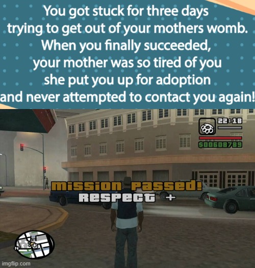 hmm the title is mad out of *shit* | image tagged in gta mission passed respect | made w/ Imgflip meme maker