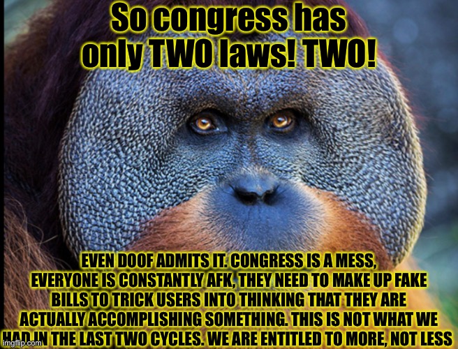 So congress has only TWO laws! TWO! EVEN DOOF ADMITS IT. CONGRESS IS A MESS, EVERYONE IS CONSTANTLY AFK, THEY NEED TO MAKE UP FAKE BILLS TO TRICK USERS INTO THINKING THAT THEY ARE ACTUALLY ACCOMPLISHING SOMETHING. THIS IS NOT WHAT WE HAD IN THE LAST TWO CYCLES. WE ARE ENTITLED TO MORE, NOT LESS | made w/ Imgflip meme maker