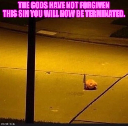 Kirby with Knife (2) | THE GODS HAVE NOT FORGIVEN THIS SIN YOU WILL NOW BE TERMINATED. | image tagged in kirby with knife 2 | made w/ Imgflip meme maker