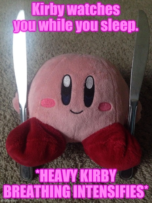 Kirby with two knives | Kirby watches you while you sleep. *HEAVY KIRBY BREATHING INTENSIFIES* | image tagged in kirby with two knives | made w/ Imgflip meme maker