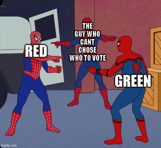 AmoGus 101 | THE GUY WHO CANT CHOSE WHO TO VOTE; RED; GREEN | image tagged in spider man triple | made w/ Imgflip meme maker