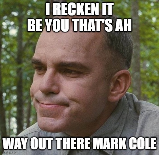 Carl Childers | I RECKEN IT BE YOU THAT'S AH; WAY OUT THERE MARK COLE | image tagged in carl childers | made w/ Imgflip meme maker