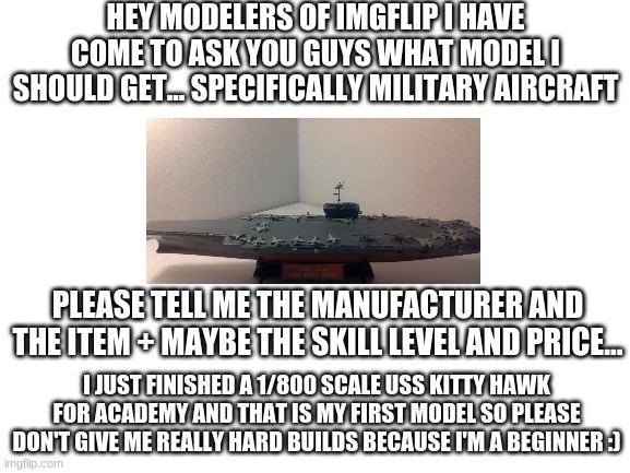 I am just getting into modeling and I also like U.S.A Aircraft because i'm American | HEY MODELERS OF IMGFLIP I HAVE COME TO ASK YOU GUYS WHAT MODEL I SHOULD GET... SPECIFICALLY MILITARY AIRCRAFT; PLEASE TELL ME THE MANUFACTURER AND THE ITEM + MAYBE THE SKILL LEVEL AND PRICE... I JUST FINISHED A 1/800 SCALE USS KITTY HAWK FOR ACADEMY AND THAT IS MY FIRST MODEL SO PLEASE DON'T GIVE ME REALLY HARD BUILDS BECAUSE I'M A BEGINNER :) | image tagged in models | made w/ Imgflip meme maker