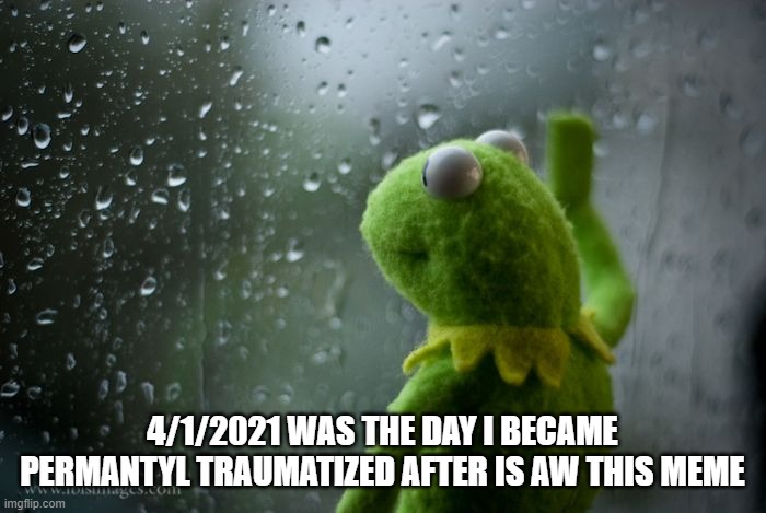 kermit window | 4/1/2021 WAS THE DAY I BECAME PERMANTYL TRAUMATIZED AFTER IS AW THIS MEME | image tagged in kermit window | made w/ Imgflip meme maker