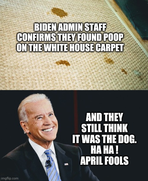 Oops...there it is | BIDEN ADMIN STAFF CONFIRMS THEY FOUND POOP ON THE WHITE HOUSE CARPET; AND THEY STILL THINK IT WAS THE DOG.
HA HA !
APRIL FOOLS | image tagged in biden,poop,dog,democrats,liberals,harris | made w/ Imgflip meme maker