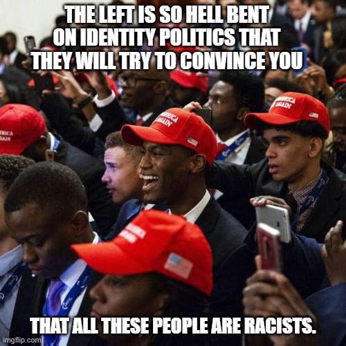 Lessons from the Left 101 | THE LEFT IS SO HELL BENT ON IDENTITY POLITICS THAT THEY WILL TRY TO CONVINCE YOU; THAT ALL THESE PEOPLE ARE RACISTS. | image tagged in black republicans,liberals,democrats,racism,identity politics,idiotic,ConservativeMemes | made w/ Imgflip meme maker