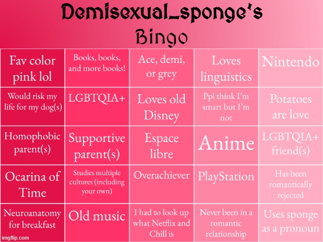 I made my own bingo | image tagged in bingo,lgbt,lgbtq,asexual,demisexual_sponge | made w/ Imgflip meme maker